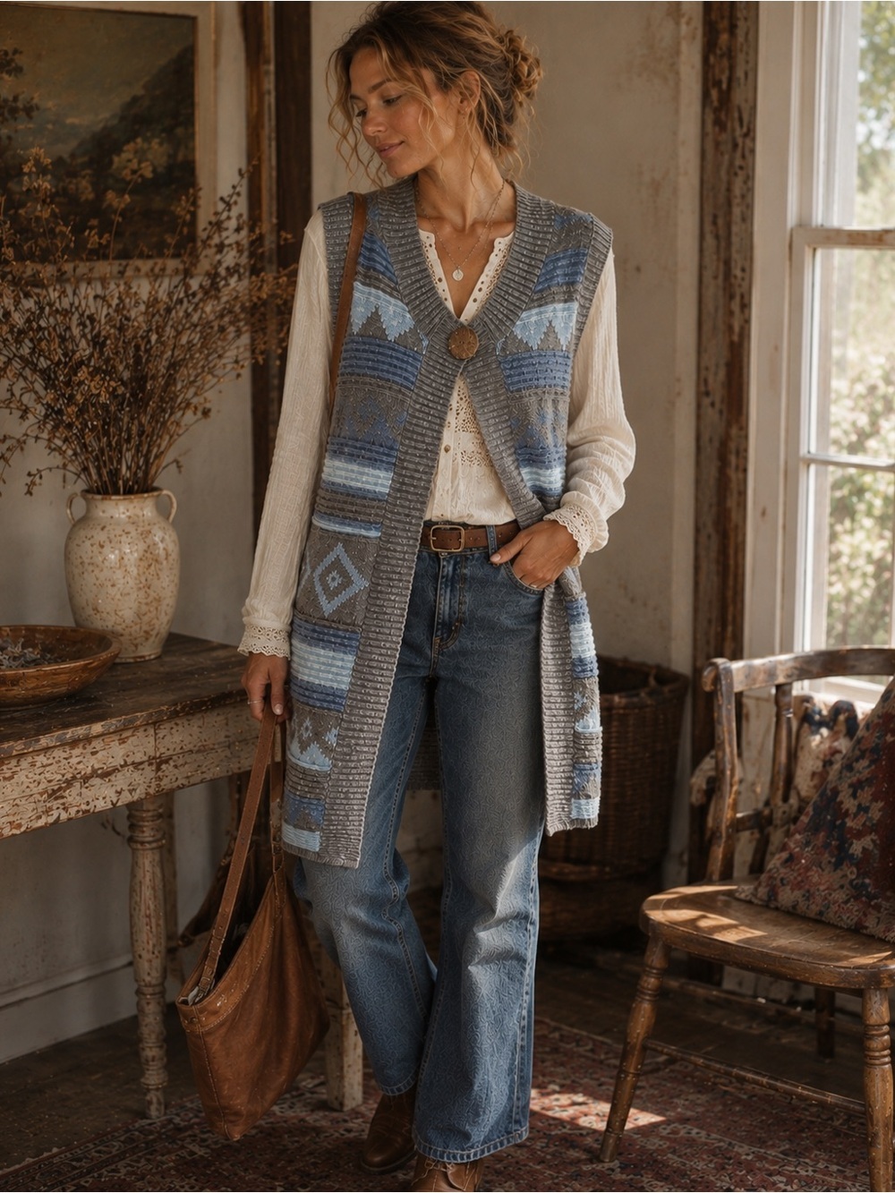 Twist Womens Sweater Vest Sz Medium Blue Gray Boho Longline Wool Southwestern